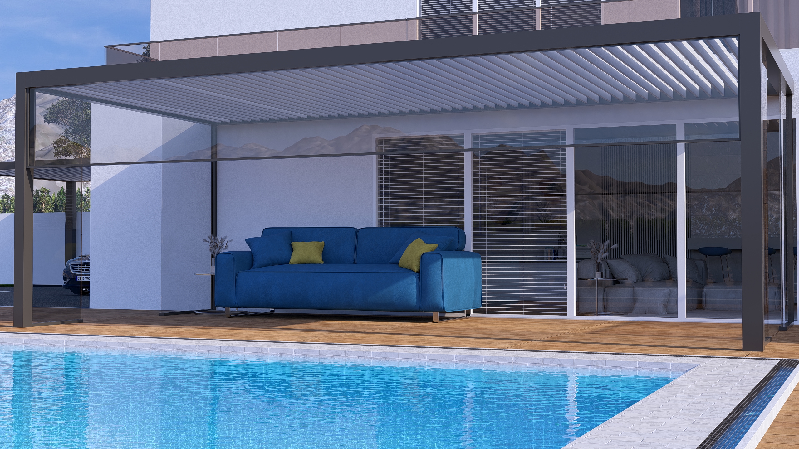 Închideri terasă: sticlă glisantă și ZIP integrate la pergolă