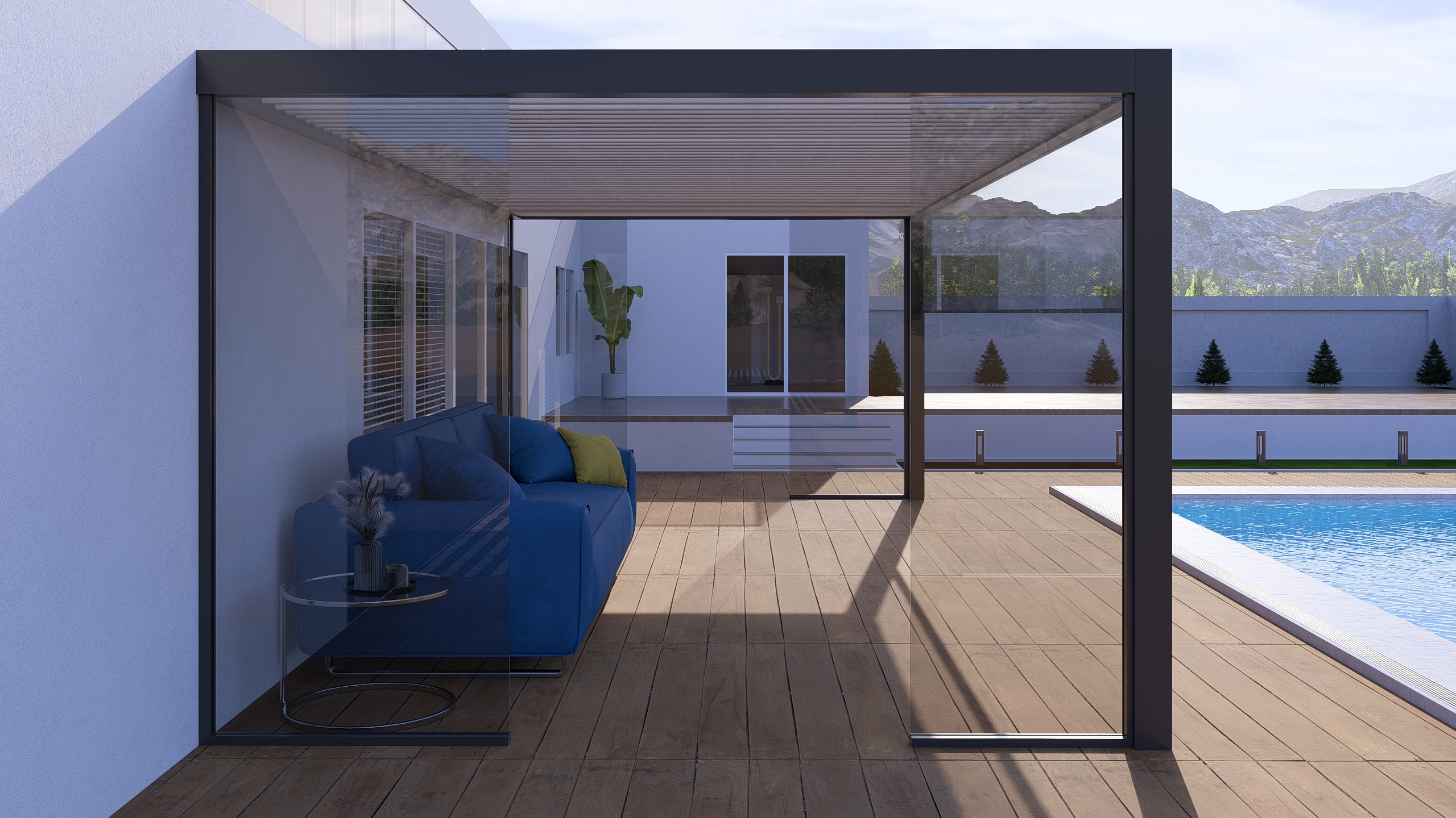 Pergolă retractabilă textilă cu casetă, integrată în grădină